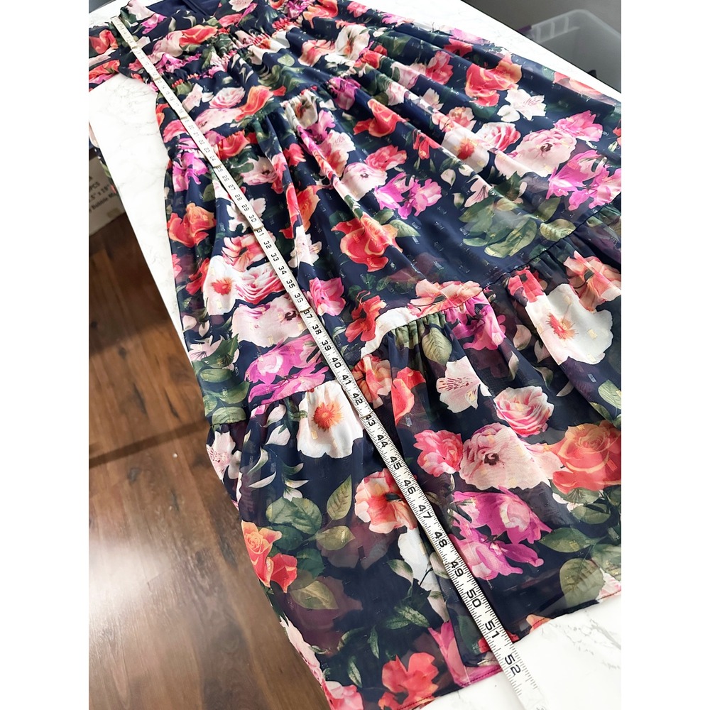 Eliza J Metallic Clip Dot Floral Navy Chiffon Fit Flare Maxi Dress Womens Size 8 - Picture 11 of 14